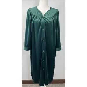 VTG Womens Simply Basic Emerald Green Crushed Velvet Button Down Nightgown Sz Lg